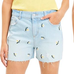 LOFT • NWT High Rise Frayed Cut Off Denim Shorts Floral Embroidered Stone Wash